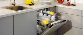 Photo of a built-in dishwasher in a corner cabinet of a kitchen unit