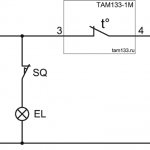 Типовая принципиальная электрическая схема подключения терморегуляторов серии ТАМ133-1М к электропроводке холодильника, первый вариант.
